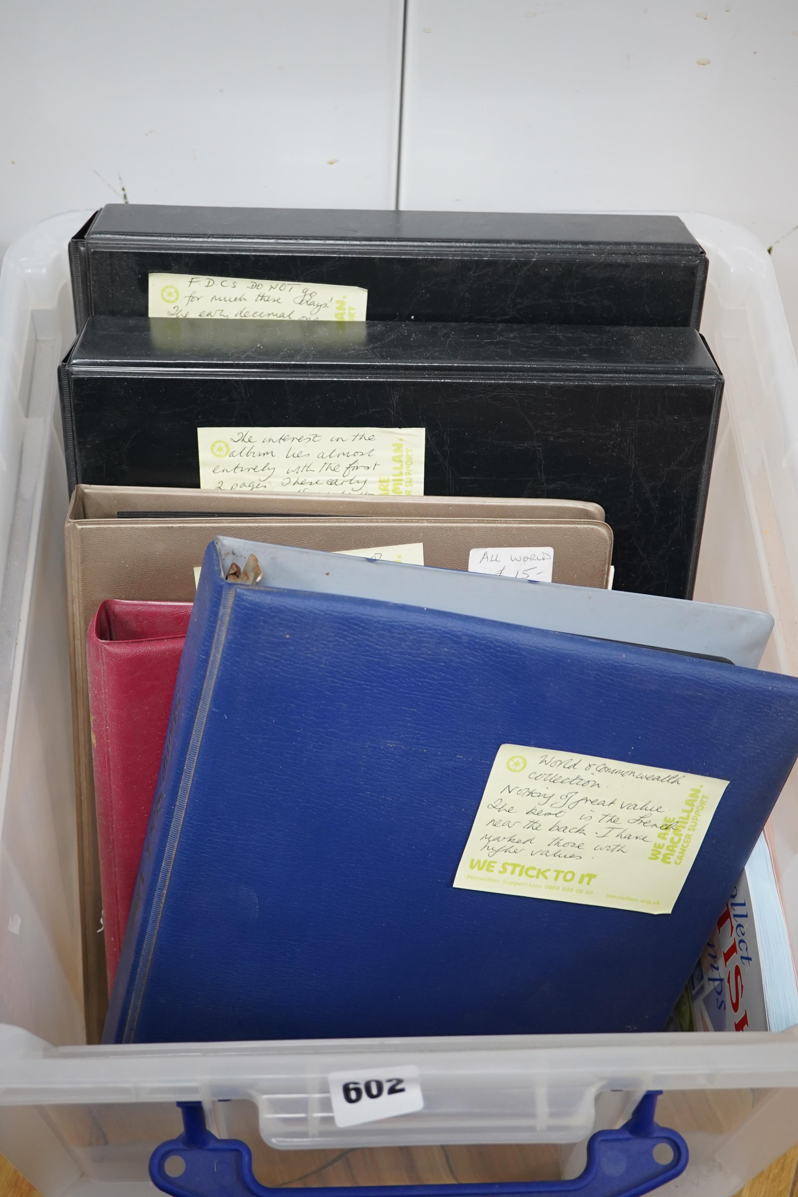 A four albums of mixed stamps, including world and commonwealth, first day covers and an empty album. Condition - varies